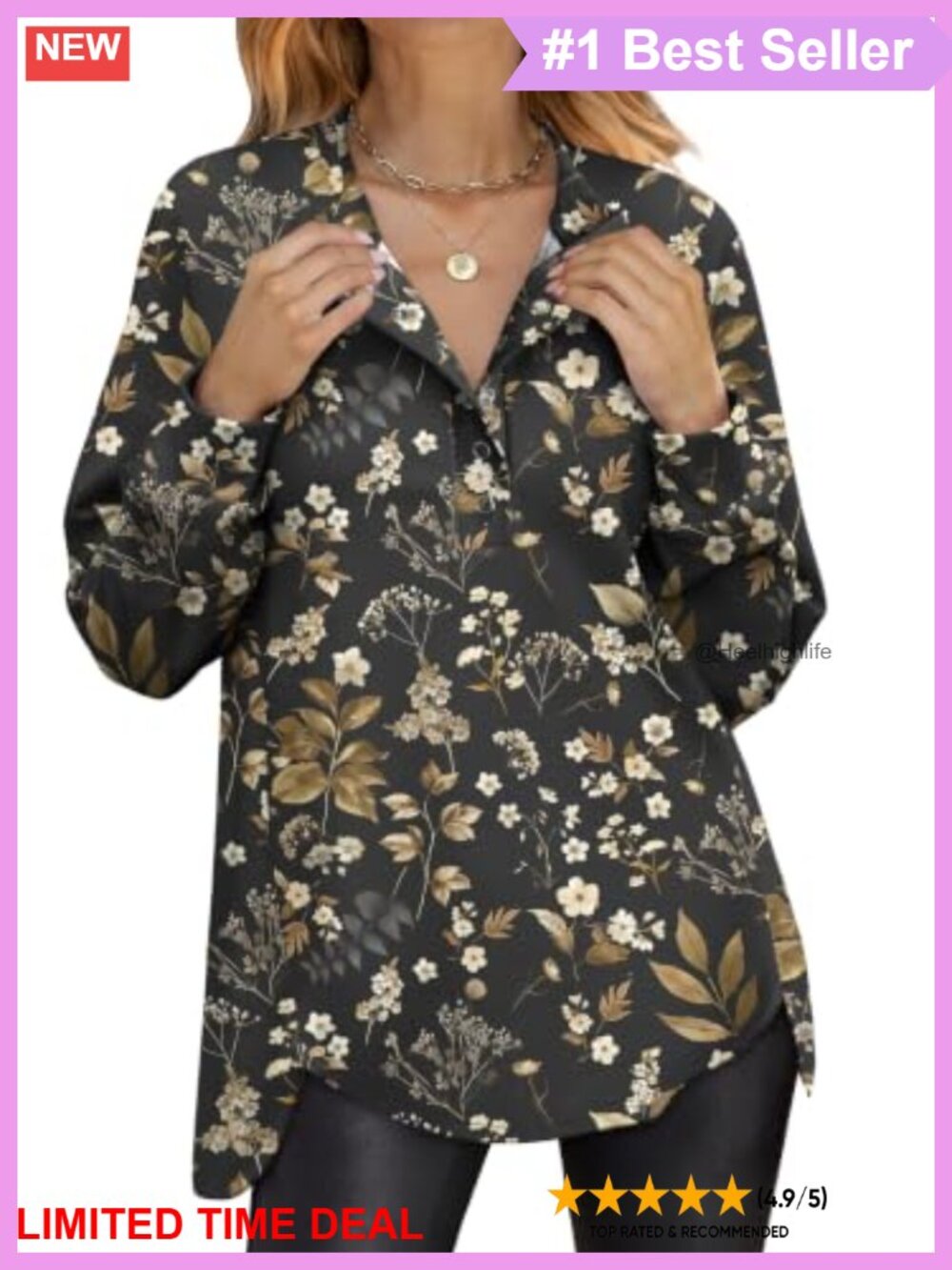 Womens Henley Sweatshirt Tunic Floral Print Loose Fit Side Slit